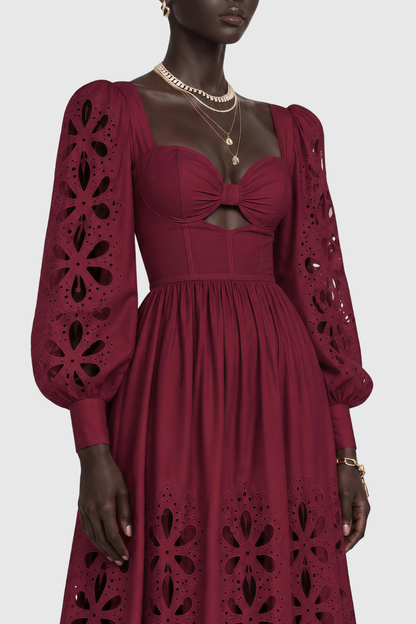 Noxia Floral Cutout Puff Sleeve Maxi Dress - Wine