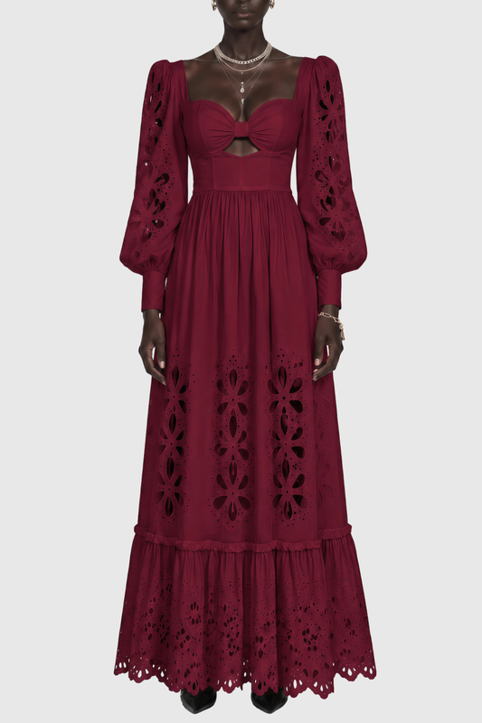 Noxia Floral Cutout Puff Sleeve Maxi Dress - Wine