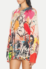 Onida Graffiti Printed Distressed Sweater