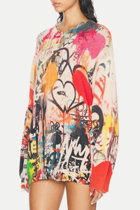 Onida Graffiti Printed Distressed Sweater
