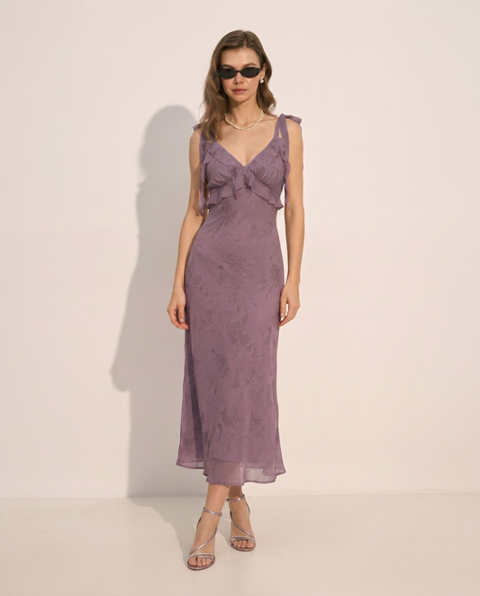 Purple Floral Ruffle Tie Strap Midi Dress