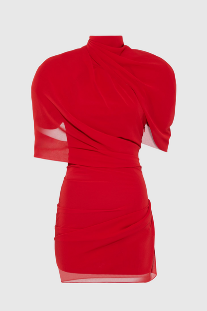 Priscilla Draped Mesh Mini Dress - Red