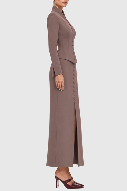 Raldia Buttoned Blazer & Maxi Skirt Set - Brown