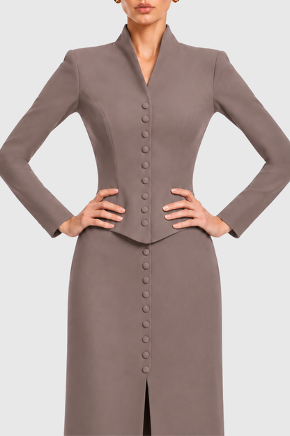 Raldia Buttoned Blazer & Maxi Skirt Set - Brown