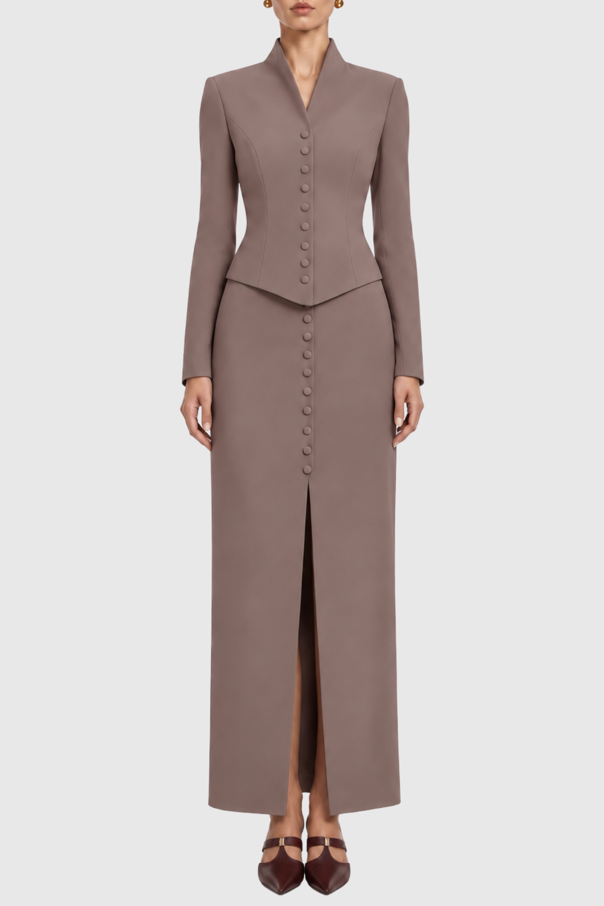 Raldia Buttoned Blazer & Maxi Skirt Set - Brown