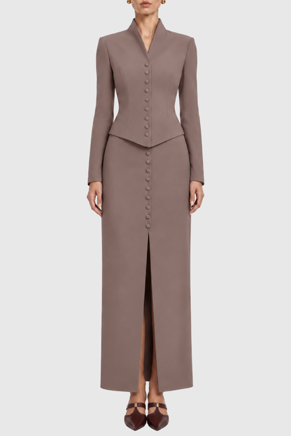 Raldia Buttoned Blazer & Maxi Skirt Set - Brown