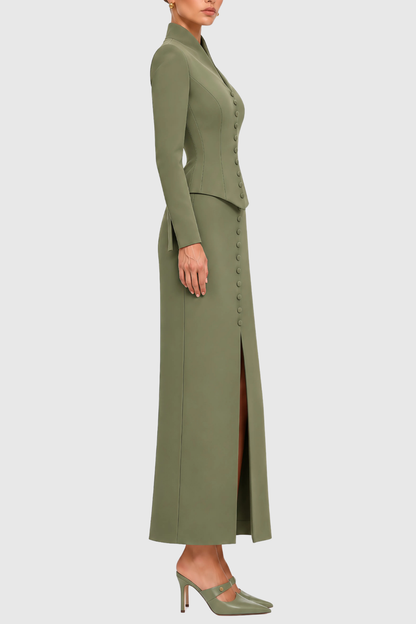 Raldia Buttoned Blazer & Maxi Skirt Set - Green