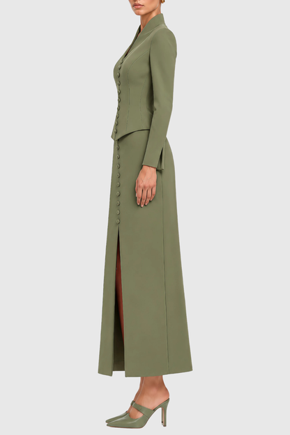 Raldia Buttoned Blazer & Maxi Skirt Set - Green