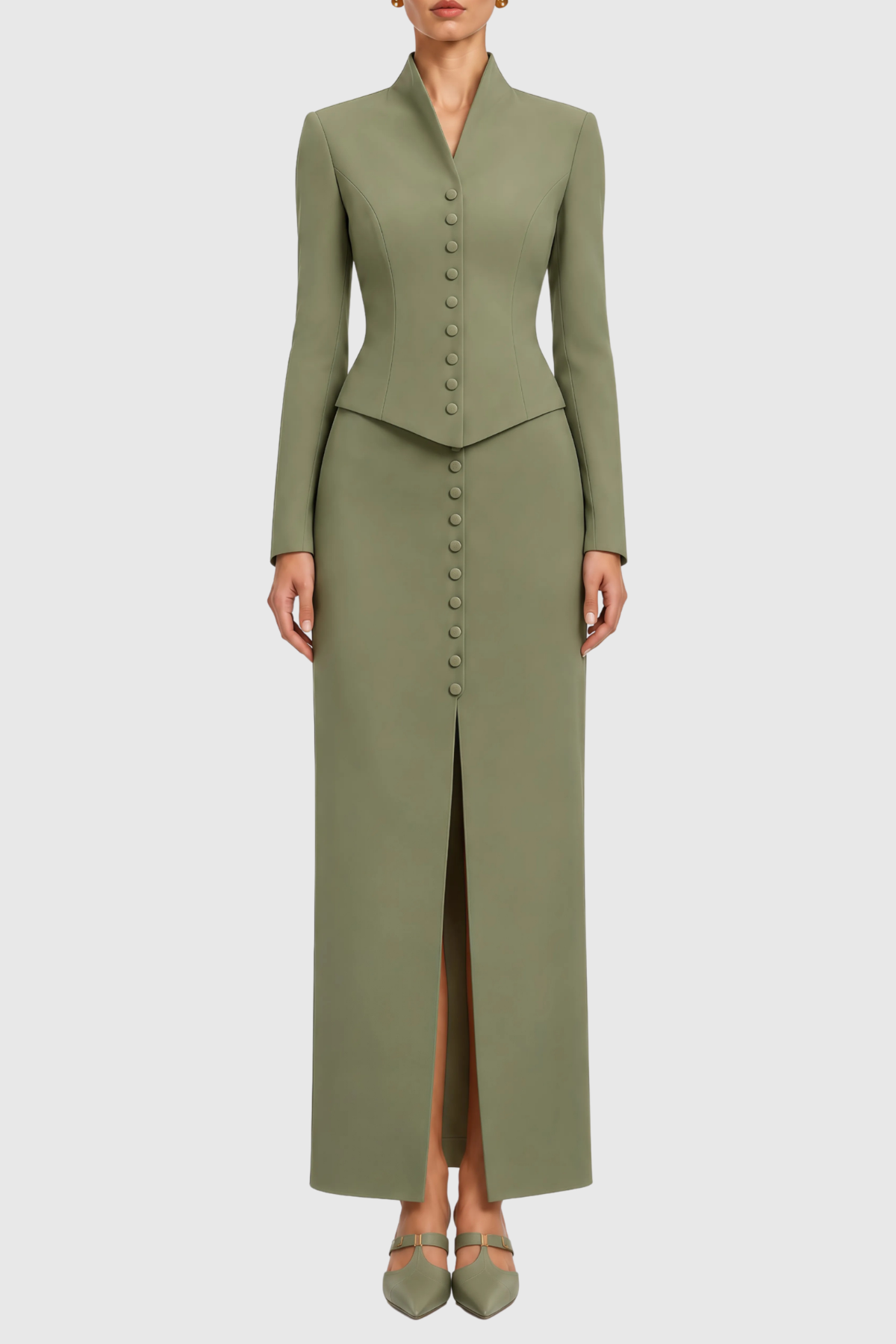 Raldia Buttoned Blazer & Maxi Skirt Set - Green