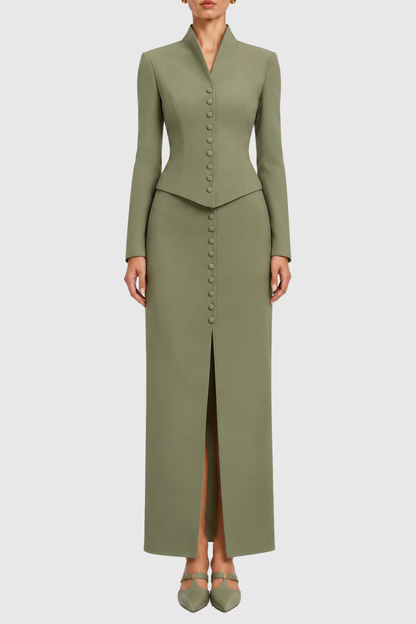 Raldia Buttoned Blazer & Maxi Skirt Set - Green