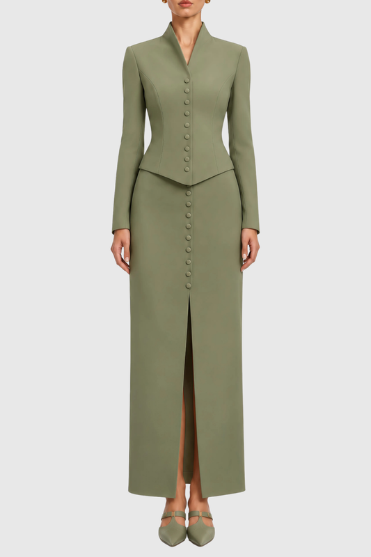 Raldia Buttoned Blazer & Maxi Skirt Set - Green