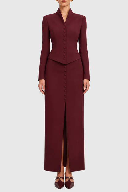Raldia Buttoned Blazer & Maxi Skirt Set - Wine