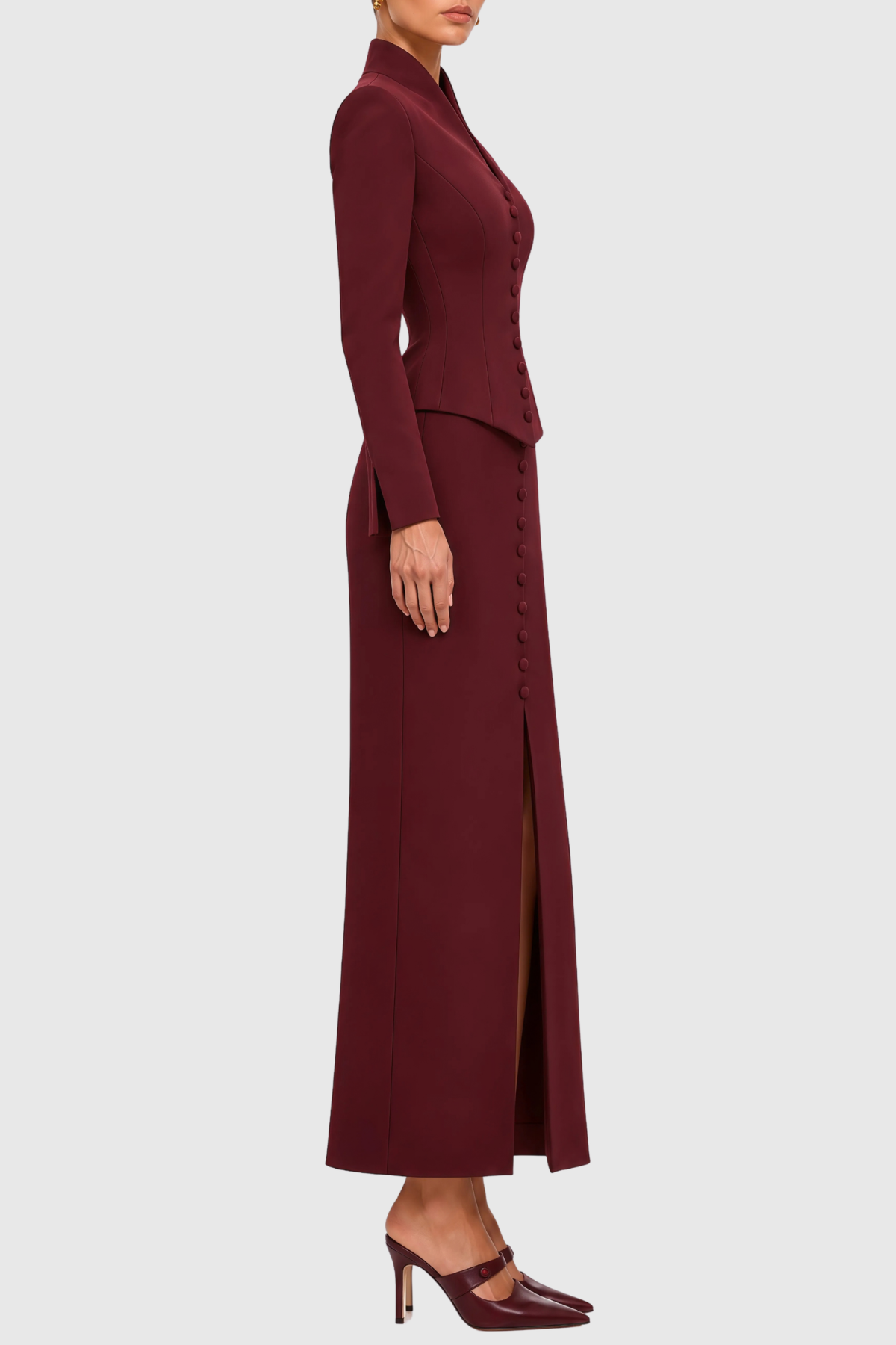 Raldia Buttoned Blazer & Maxi Skirt Set - Wine