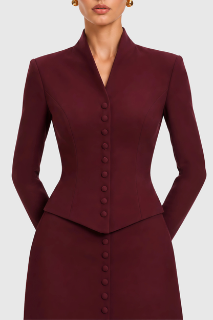 Raldia Buttoned Blazer & Maxi Skirt Set - Wine