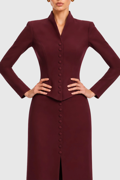 Raldia Buttoned Blazer & Maxi Skirt Set - Wine