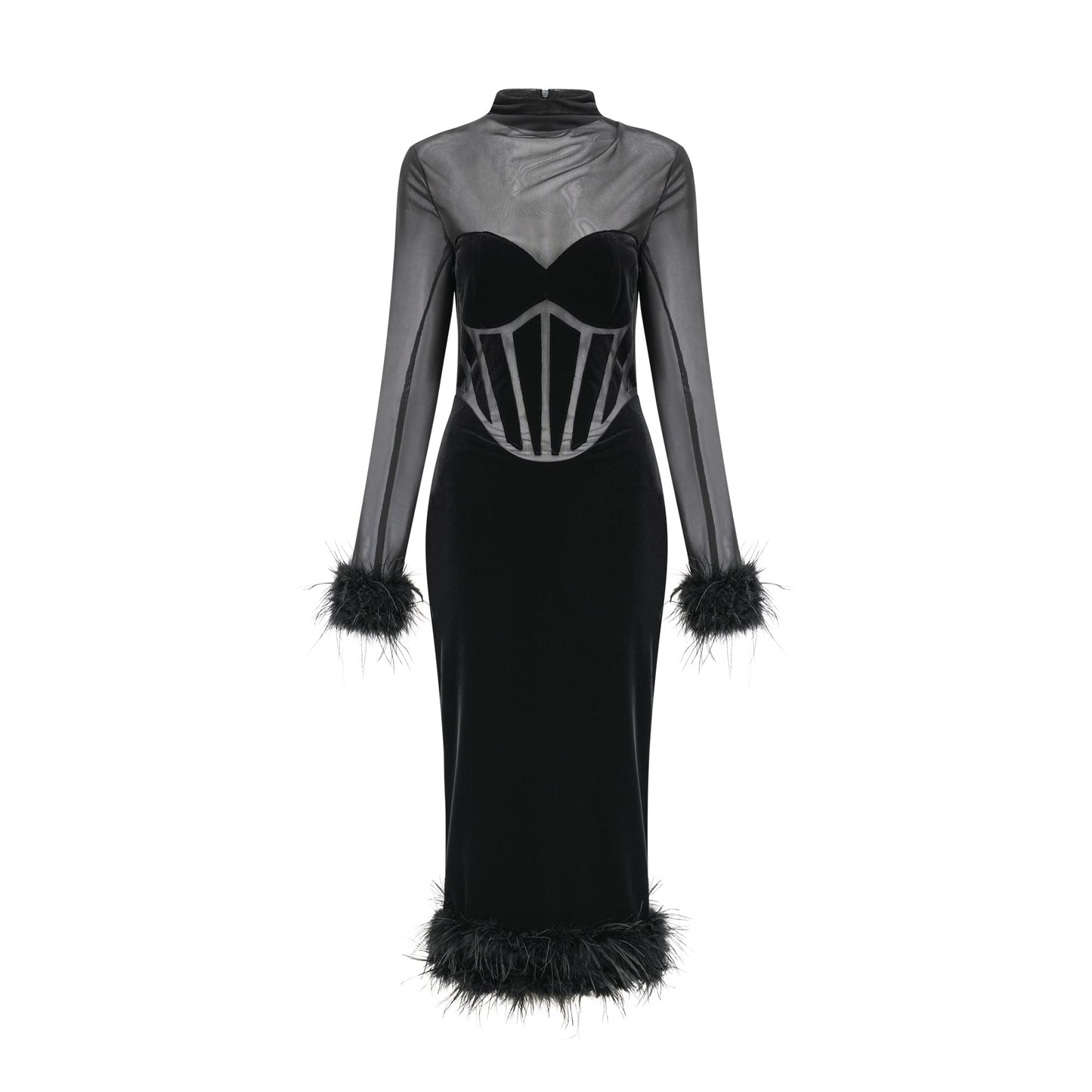 Jeanne feather-trim velvet midi dress