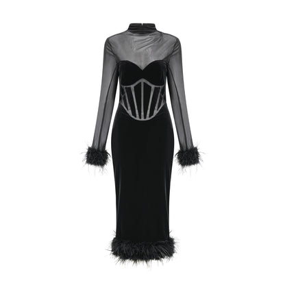 Jeanne feather-trim velvet midi dress