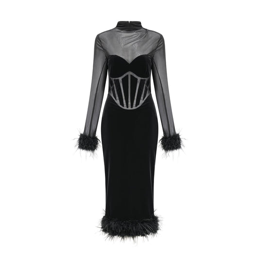Jeanne feather-trim velvet midi dress