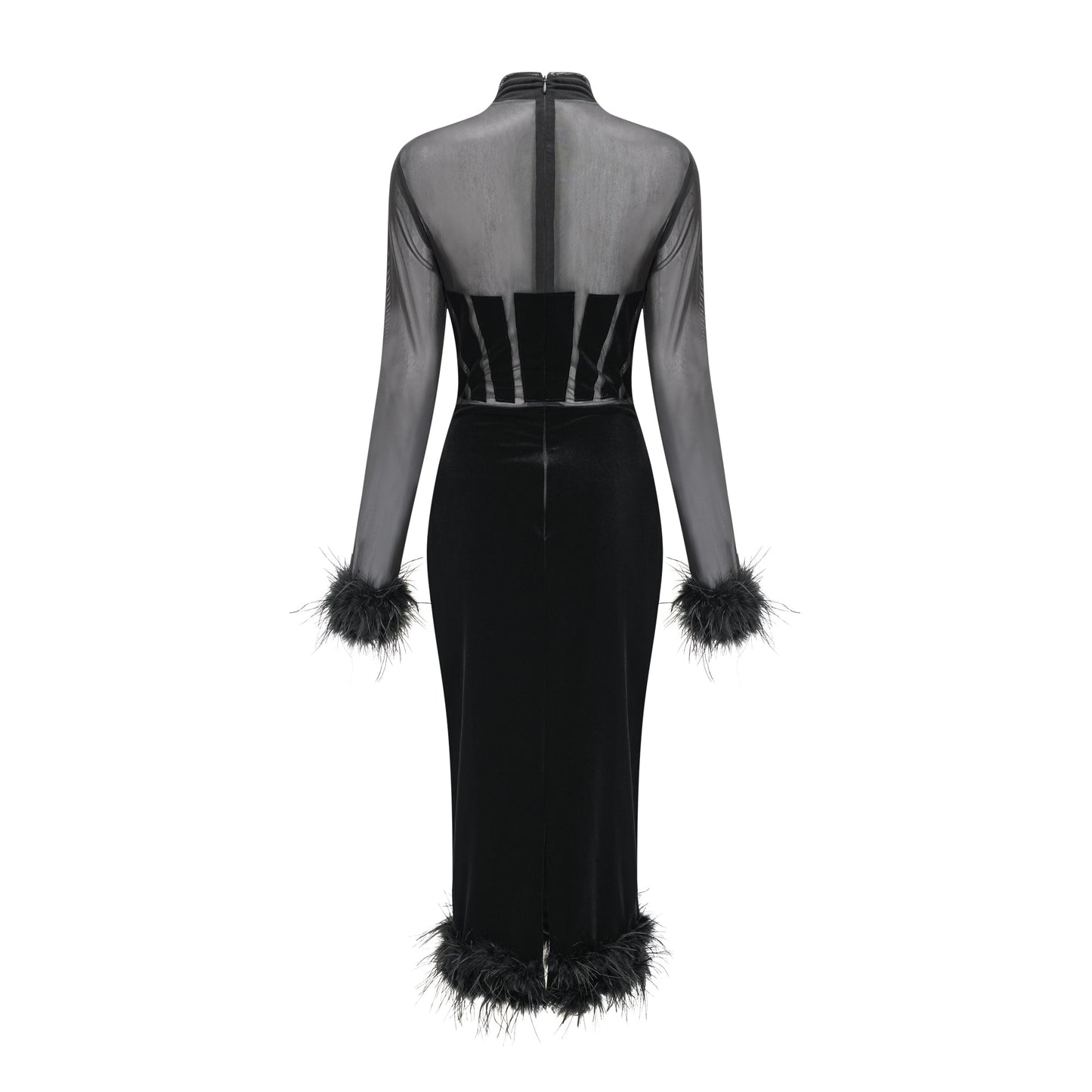 Jeanne feather-trim velvet midi dress