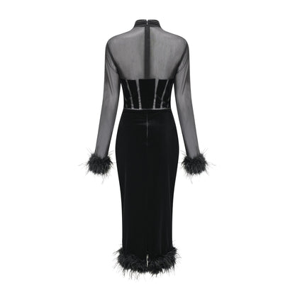 Jeanne feather-trim velvet midi dress