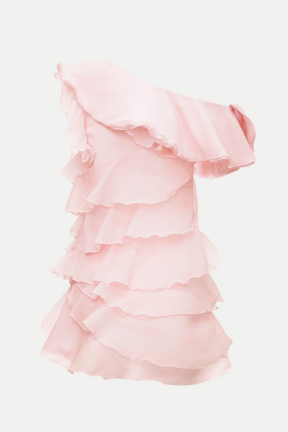 Shelyn Flower One Shoulder Ruffle Mini Dress - Pink