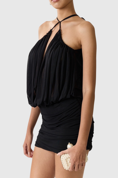 Sophrona Halter Ruched Mini Dress - Black
