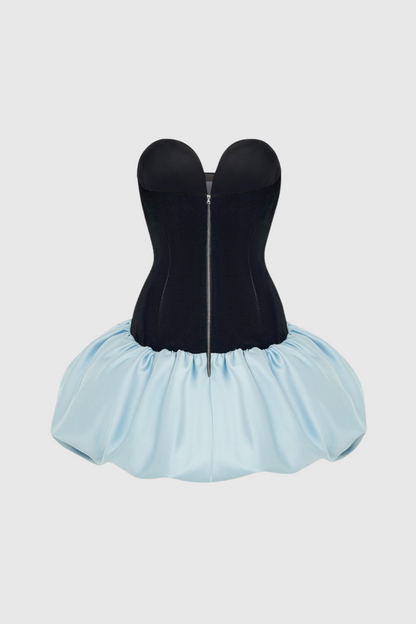 Stanski Strapless Velvet Bow Puffy Satin Mini Dress