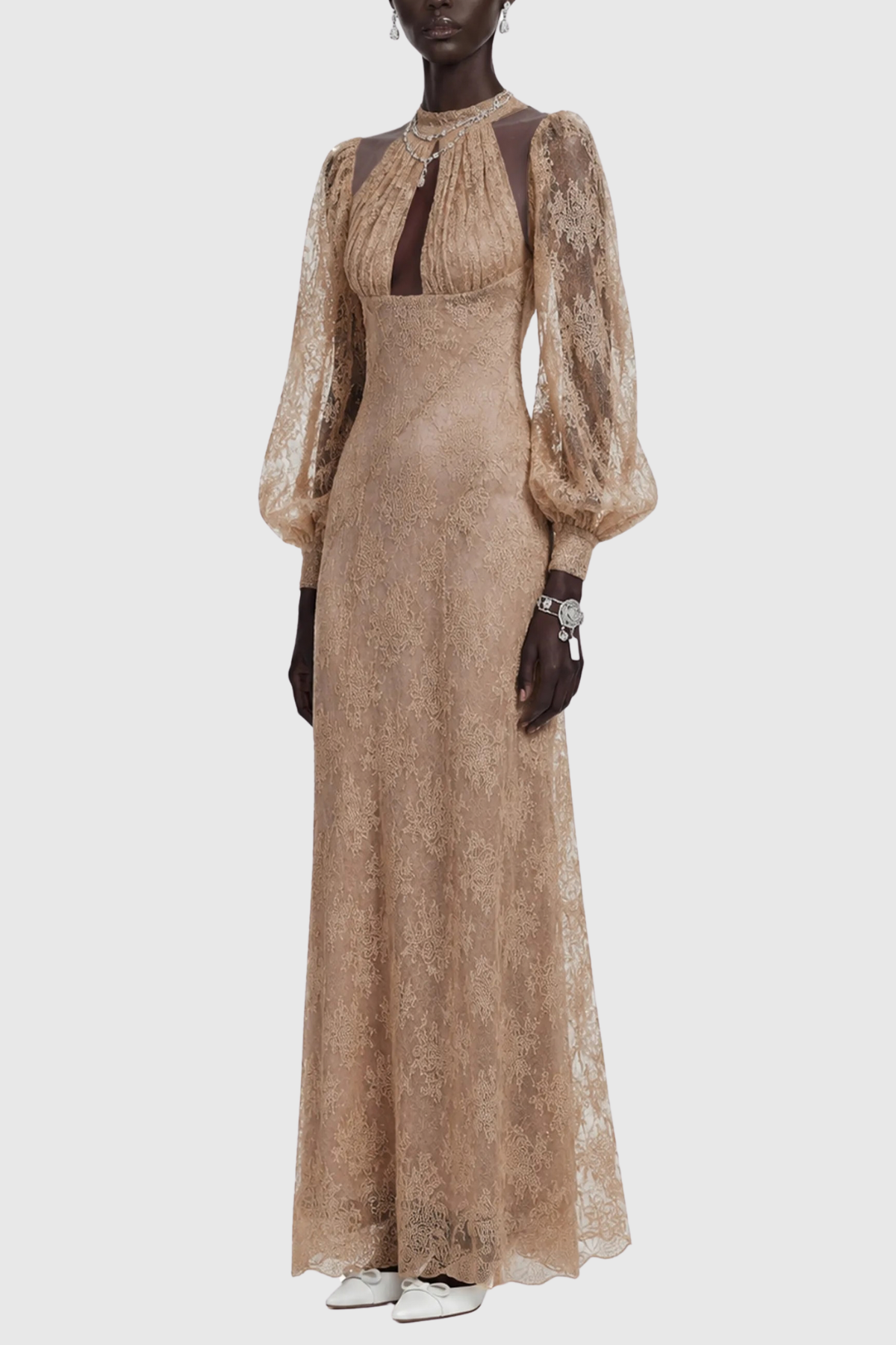 Uikera Floral Lace Long Sleeves Maxi Dress - Brown