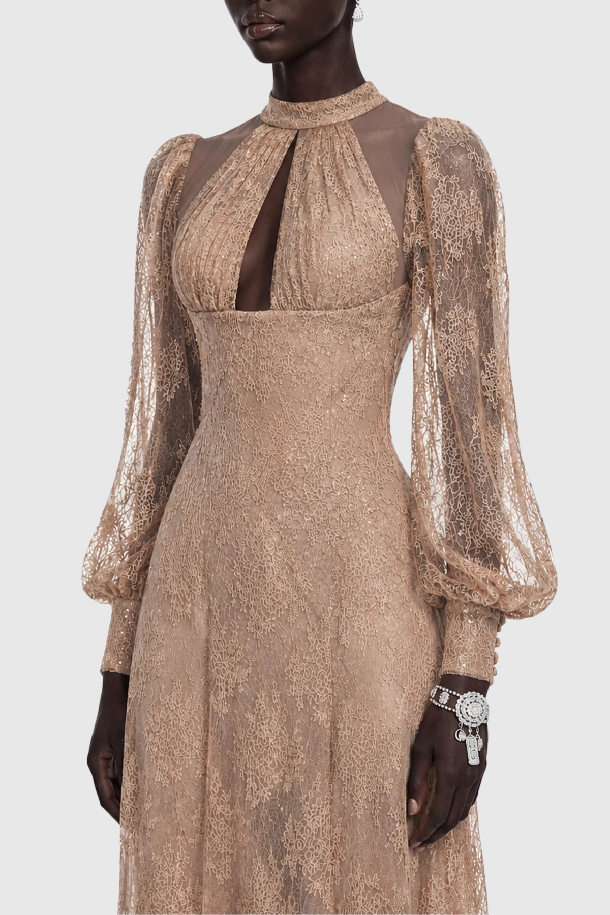 Uikera Floral Lace Long Sleeves Maxi Dress - Brown