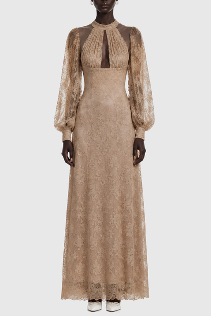 Uikera Floral Lace Long Sleeves Maxi Dress - Brown
