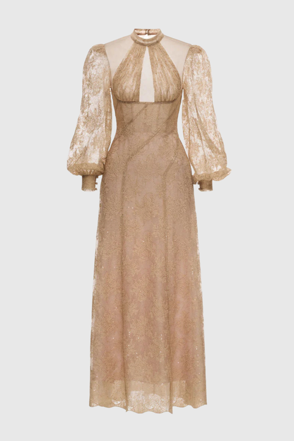 Uikera Floral Lace Long Sleeves Maxi Dress - Brown