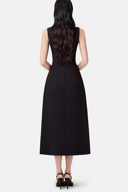 Vequa Asymmetric Collar Sleeveless Midi Dress - Black