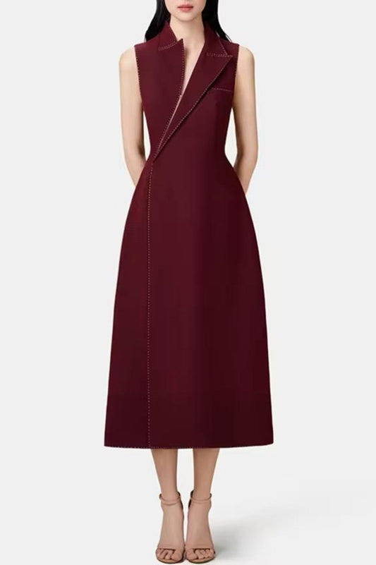 Vequa Asymmetric Collar Sleeveless Midi Dress - Wine