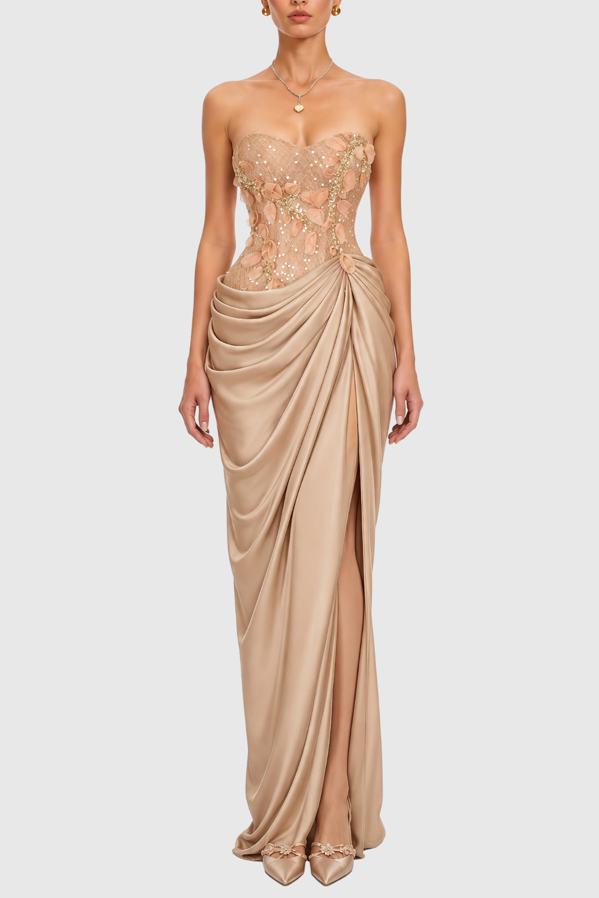 Vittoria Strapless Floral Appliqué Draped Maxi Dress