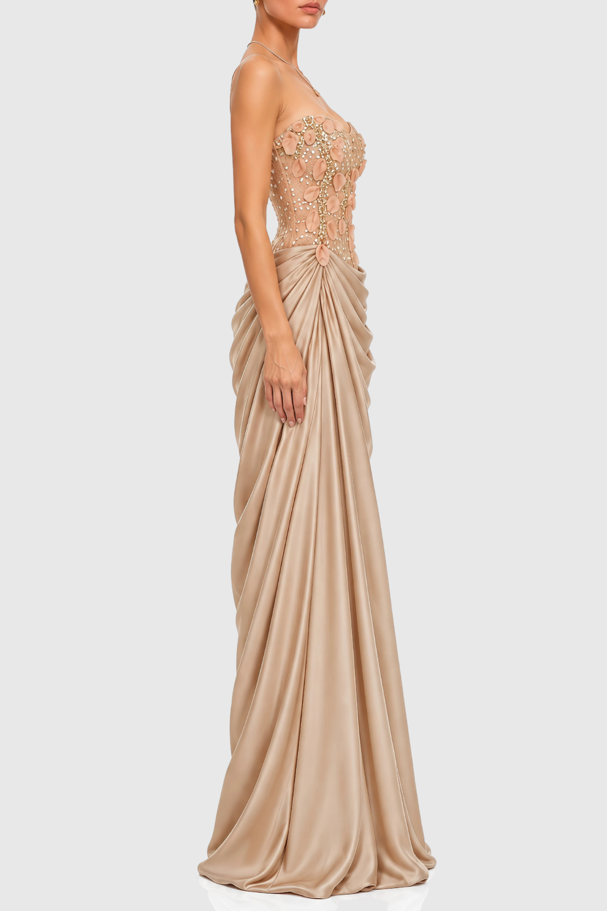 Vittoria Strapless Floral Appliqué Draped Maxi Dress
