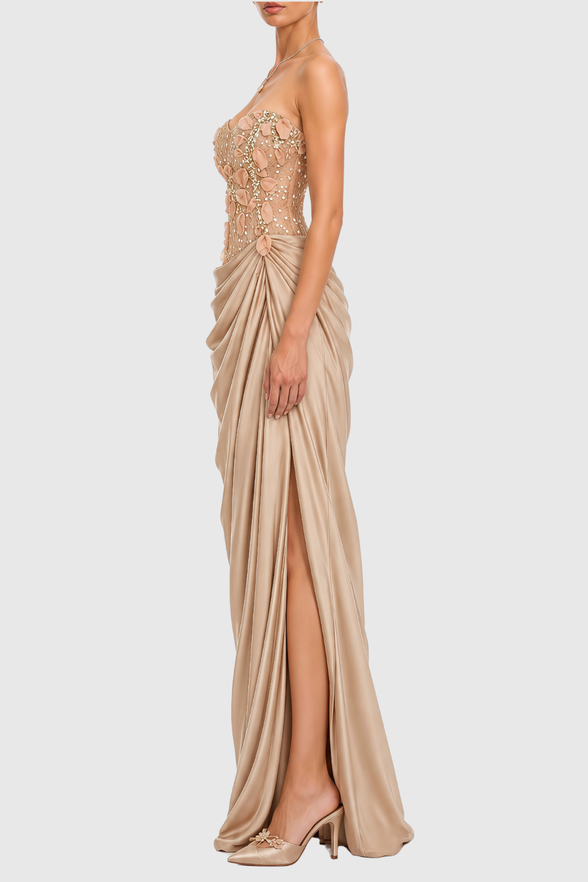 Vittoria Strapless Floral Appliqué Draped Maxi Dress
