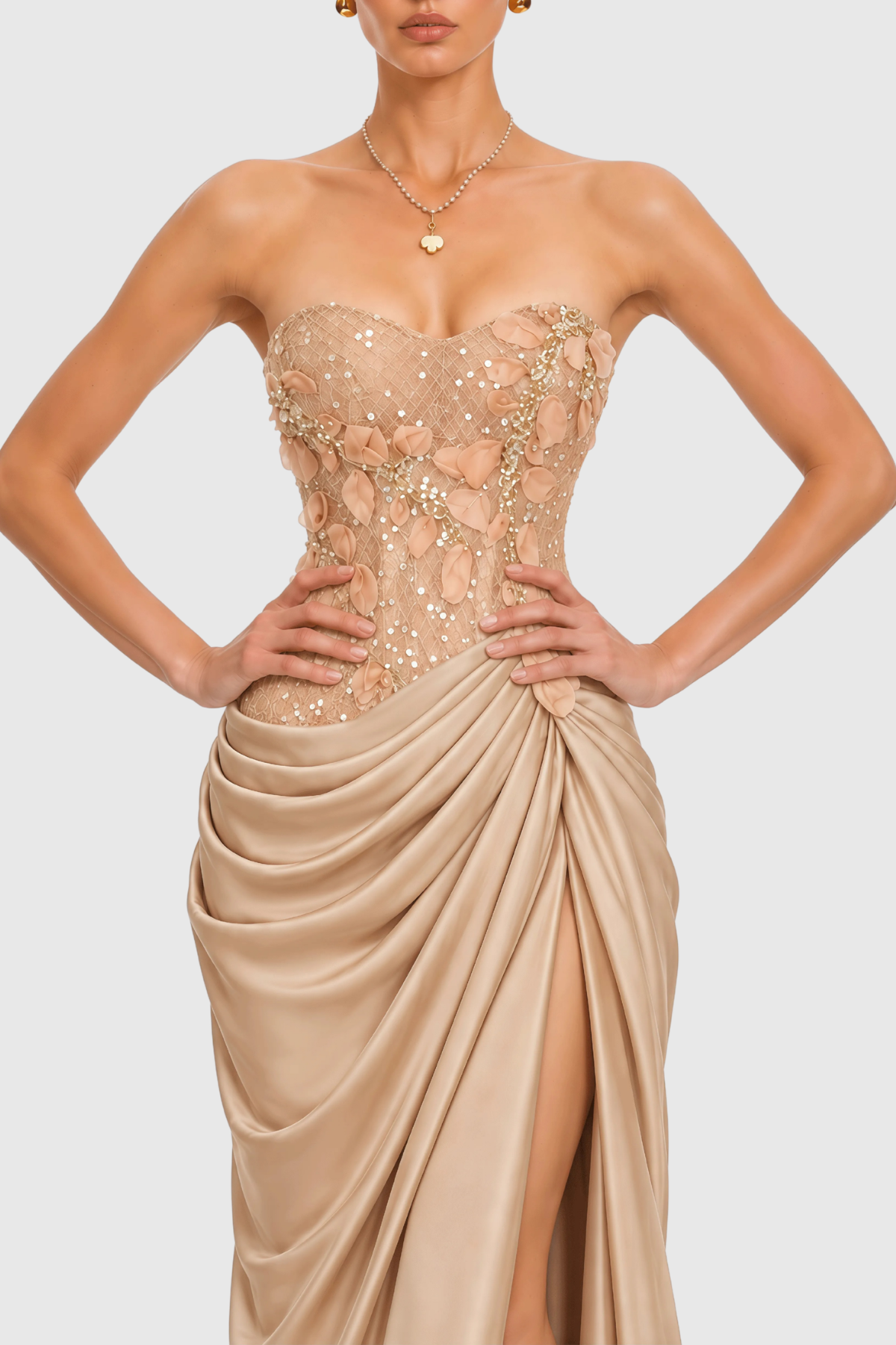 Vittoria Strapless Floral Appliqué Draped Maxi Dress