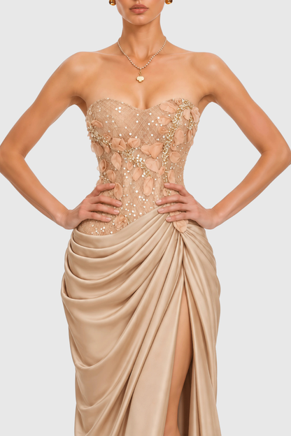 Vittoria Strapless Floral Appliqué Draped Maxi Dress
