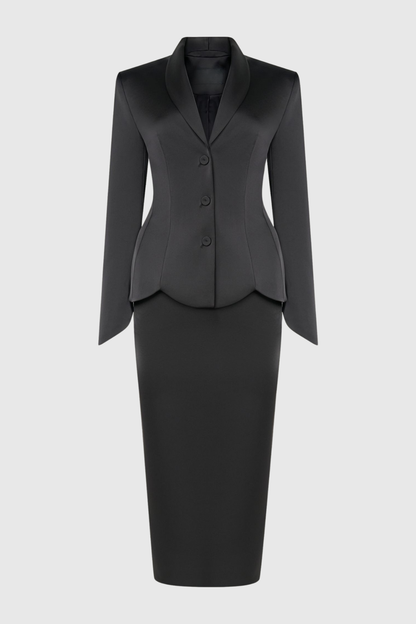 Zophia Satin Blazer & Maxi Skirt Set - Black