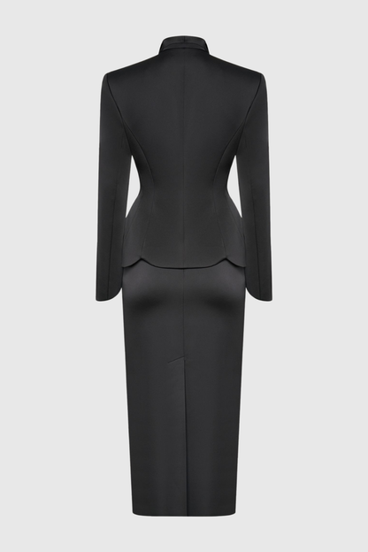 Zophia Satin Blazer & Maxi Skirt Set - Black