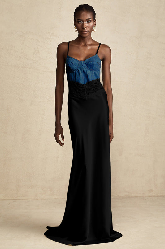 Lisette lace-trim panelled maxi dress in black