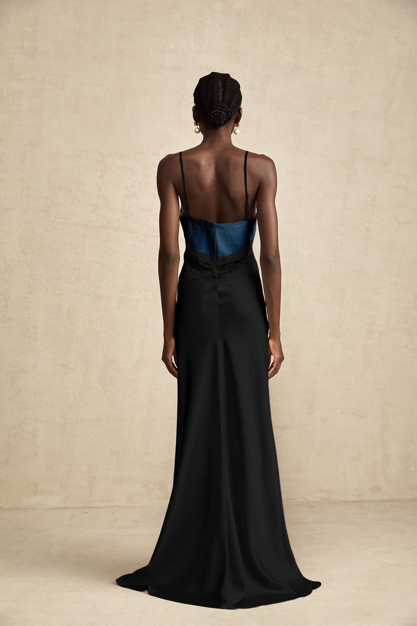 Lisette lace-trim panelled maxi dress in black