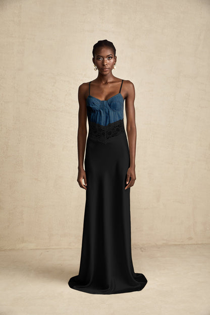 Lisette lace-trim panelled maxi dress in black