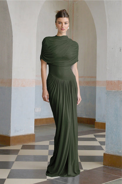 Catherine asymmetric pleated maxi dress in Green