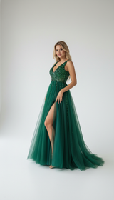 Elowen Emerald Sequin Tulle Maxi Gown