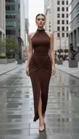 Maison Celie Halter Ruched Evening Gown 2025