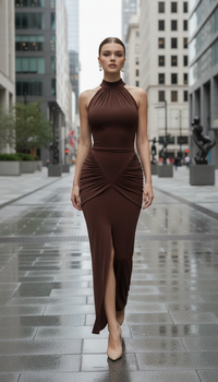Maison Celie Halter Ruched Evening Gown 2025