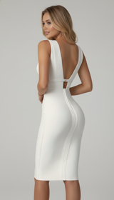 Elegant White Deep V-Neck Cutout Bodycon Midi Dress