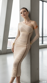 Women Sexy One Shoulder Hip Hugging Dress Long Sleeved Maison Celie