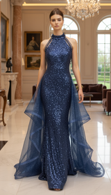 Elegant Navy Blue Sparkling Evening Gown 2025